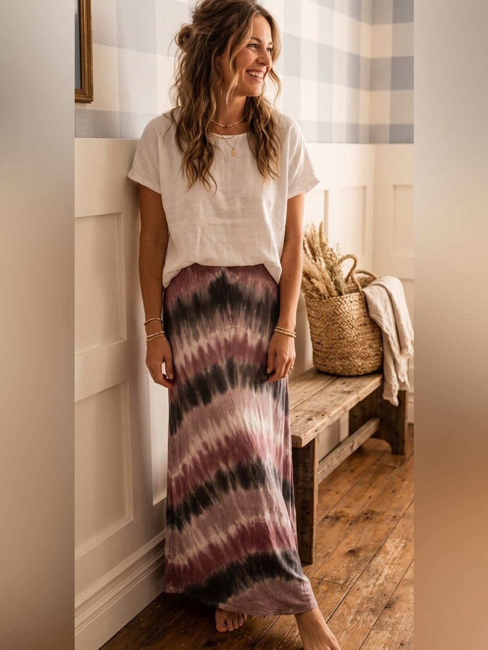 Young Fabulous & Broke Mauve and Charcoal Tie-Dye Midi Skirt